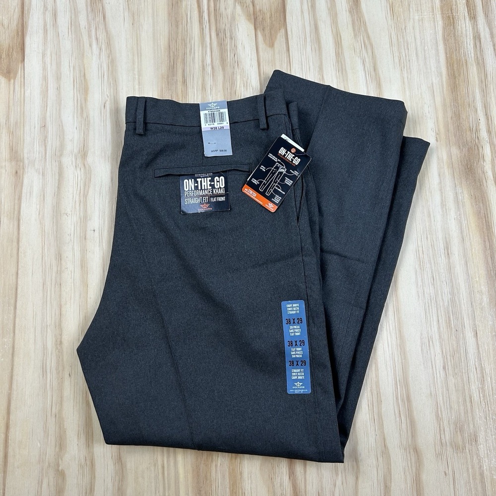 Dockers NEW Men's On The Go Khaki Straight Fit Flat Front Gray 38x29 $58 Retail